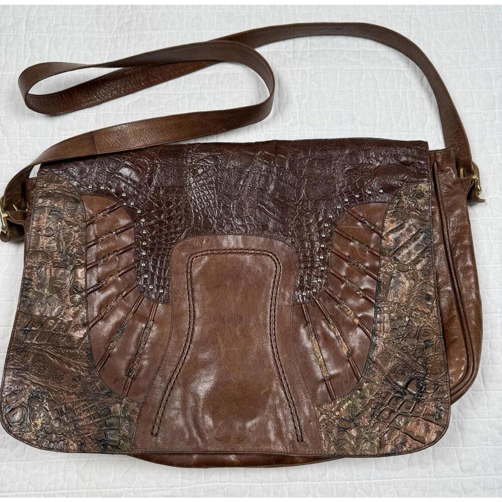 Vtg SAN MARINO Brown Leather Messenger Bag Tooled Croc Embossed Crossbody Boho